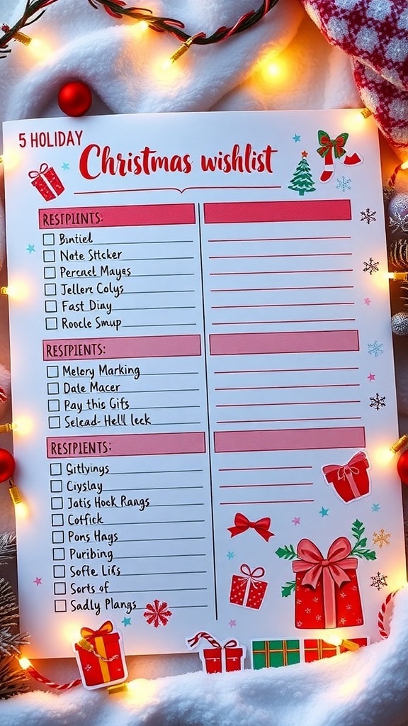 An organized Christmas wishlist with colorful sections and holiday decorations.